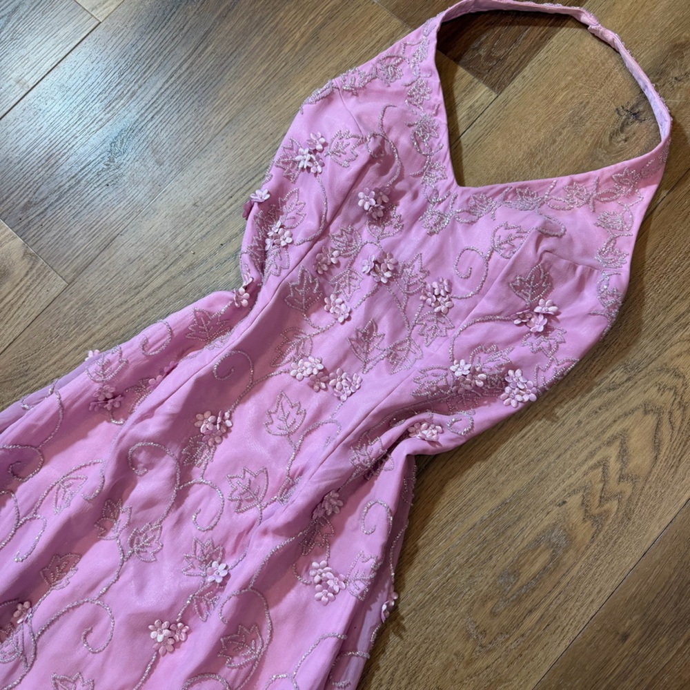 Vintage Y2K 100% Silk Beaded Dress Vintage Beaded Dress Fairy Pink Halter Prom